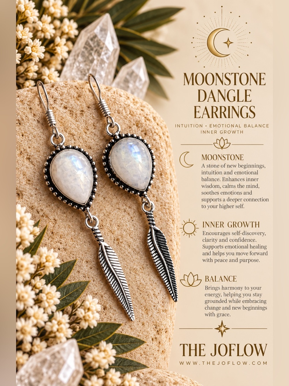 925 Bohemian Moonstone Feather Earrings